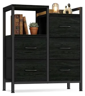Image de Commode - Meuble à tiroirs - 5 tiroirs en tissu - Étagère ouverte - Structure métallique - Chambre à coucher/salon/couloir - Noir