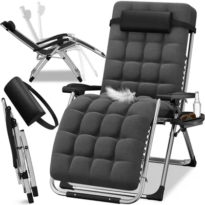 Image de ELONEO Chaise longue pliable avec rembourrage Premium, Chaise longue résistante aux intempéries avec une capacité de charge de 200 kg, Chaise de jardin extra large avec porte-boisson, noir