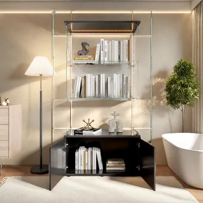 Immagine prodotto di Vetrinetta ProximaX in vetro nero a 3 livelli - illuminazione a LED, frontale in vetro trasparente e vetrina moderna per una presentazione elegante