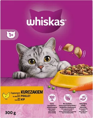 Produktbild von Whiskas Adult 1+ Katzentrockenfutter für Erwachsene Katzen mit Huhn 6er Pack (6 x 300 g) im Karton