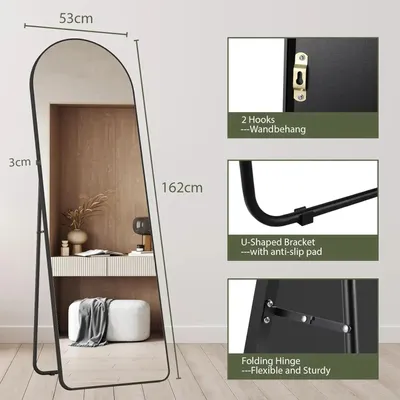 Image de Miroir intégral - miroir sur pied/mural - arc en haut - pose libre, adossé ou mural - 162 x 53 cm - cadre en alliage de zinc - noir