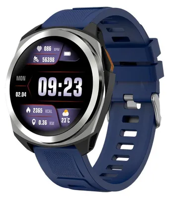 A smartwatch with a blue strap and a silver bezel is shown against a light gray background.