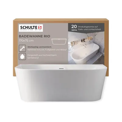 Produktbild von Schulte Badewanne 170x75 cm, Acryl, Komplettset mit vormontierter Schürze, Fußgestell und Ablauf- und Überlauf-Garnitur, Modell: Rio, Weiß glänzend