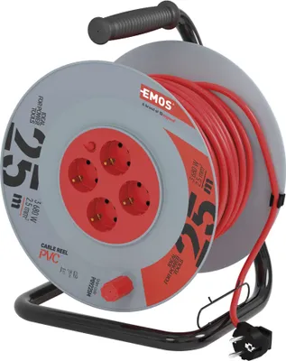 EMOS Kabeltrommel mit verstärktem Kabel, 25 m mit 4 Steckdosen, 2,5 mm Schuko, Indoor Trommel, Schut