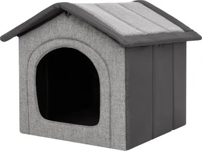 A gray fabric dog house with a dark gray roof and trim, shown from the front-left.