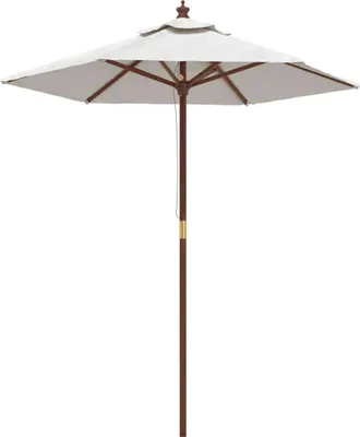 A square patio umbrella with a wooden pole and sand-colored fabric.