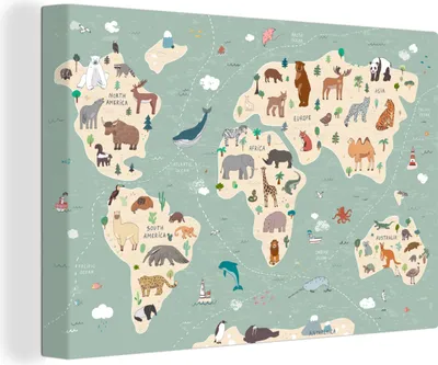 Produktbild von OneMillionCanvasses® - Leinwandbilder - 150x100 cm, Erde - Weltkarte Kinder - Tiere - Jungen - Mädchen - Blau, Wandbilder Kunstdruck Wanddekoration