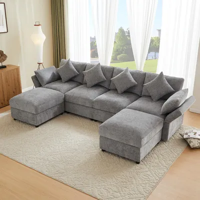 Produktbild von MODFU L‑förmiges Wohnzimmersofa mit verstellbaren Armlehnen Modulares Sofa mit 2 Hockern Schlafsofa Ecksofa 4 Dekokissen und 2 Kopfstützen Grau