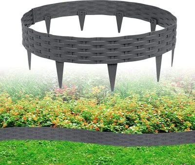 Produktbild von ACXIN 10m Rasenkante Beeteinfassung Gartenpalisade in Rattan-Optik mit 10 Elemente Gartenpalisade Rund Kunststoff Palisaden (10 Stück, Anthrazit)