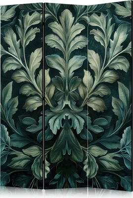 Produktbild von 3-teiliger Einseitiger Vlies Paravent - Dark Green Victorian Leaves - Botanical Carved Composition 135x172 cm Blumen f-H-10013-z-a