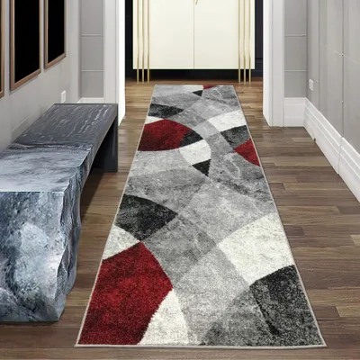 Obrázek produktu pro Moderní koberec do obývacího pokoje s abstraktním vlnitým kosočtvercovým vzorem v červenošedé barvě - snadná údržba - 80 x 300 cm