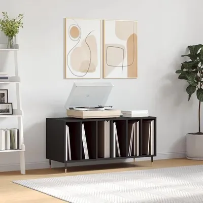 Produktbild von Schallplattenregal 100 cm breit schwarz, LP Aufbewahrungsschrank Schwarz 100x38, Vinylschrank mit Eisenbeinen 100x38x48, Plattenschrank Holzwerkstoff 100x38x48