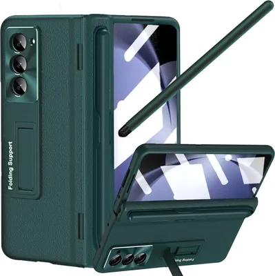 Obrázek produktu pro Pouzdro na Samsung Galaxy Z Fold 6 Tvrdého kožené pouzdro s ochrannou fólií, stojánkem a ochranou pantu s držákem na S Pen zelené