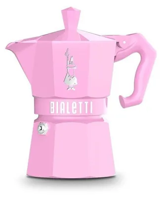 A pink Bialetti Moka pot on a white background.