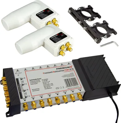 Produktbild von PremiumX Multischalter Set 9/16 Multiswitch SAT 2x Quattro LNB Multifeedhalter
