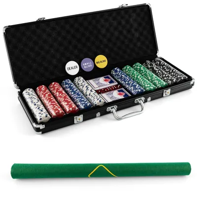 Pokerset mit 500 Laserchips, Alukoffer, Spieltuch, 2 Decks (Schwarz)