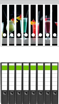 Produktbild von Wallario 8 Stück schmale Ordner inkl. Klebeetiketten mit Motive Bunte Cocktails vor schwarzem Hintergrund -  Set mit Rückenschildern / Ordnerrücken Stickern