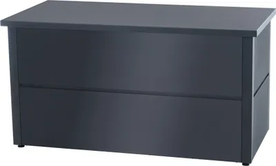A dark gray metal storage box with two drawers is shown against a white background.