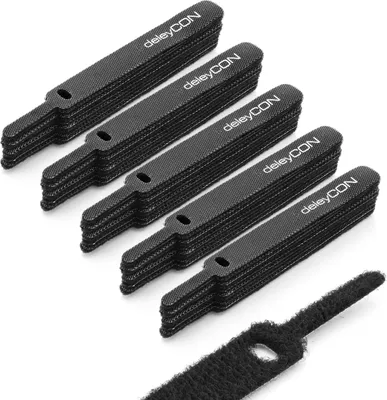 Produktbild von deleyCON 50x Klett Kabelbinder 11,5cm Klettband 12mm Breit Kabelmanagement Kabelorganizer Klettkabelbinder Klettverschluss Schwarz