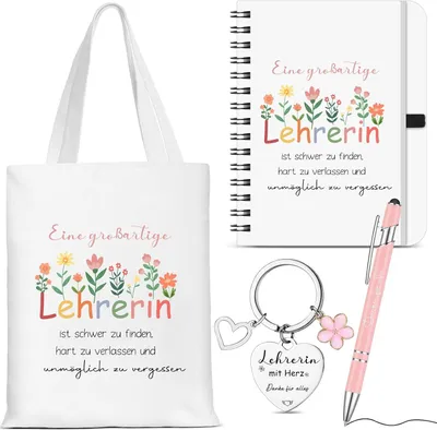 Productafbeelding van Bedankgeschenken voor leraren - Set van 4 - Stoffen tas - Notitieboek - Balpen van metaal - Afscheidscadeau voor leraren