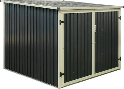 A dark gray metal storage shed with a sloped roof and double doors, set against a white background.
