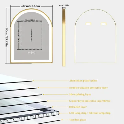 Image de Miroir de salle de bain - Miroir LED - Miroir mural - Miroir de maquillage - Miroir anti-buée - Cadre en aluminium doré