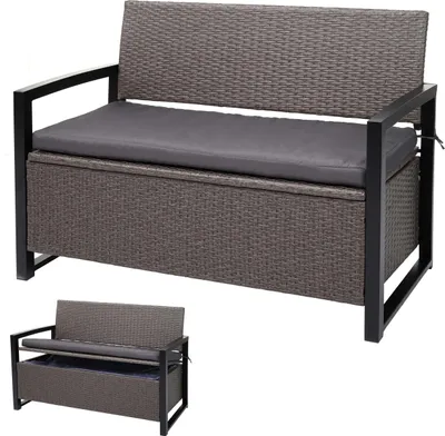 A poly-rattan storage bench with a gray cushion, shown from the front and a smaller inset view.