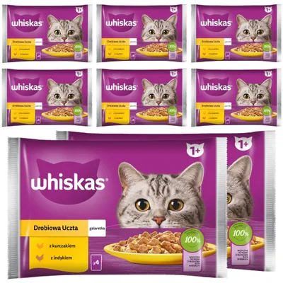 Zdjęcie produktu dla WHISKAS Adult Saszetki 32 x 85g Drobiowa Uczta Mokra Karma Dla Dorosłego Kota w Galaretce Kawałki z Kurczakiem i Indykiem