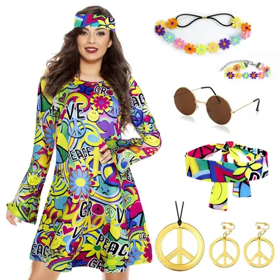 Imagen del producto de Disfraces de hippie para mujer, estilo años 70, con collar y pendientes, talla grande (XXL), ideal para carnaval