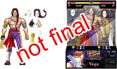 A collage showing an action figure of the character Vega from Ultra Street Fighter II: The Final Challengers, both out of its packaging and in its packaging.