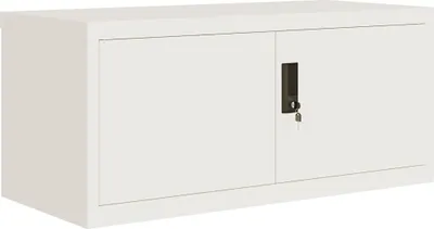 A white metal filing cabinet with two doors and a lock.