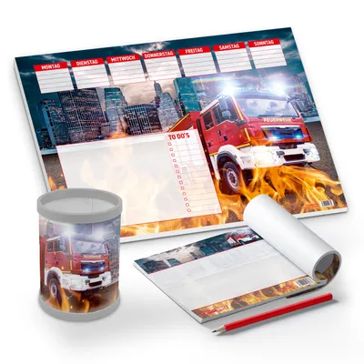 Produktbild von itenga Schreibtisch-Set Feuerwehr 3-teilig Schreibtischunterlage Stifteköcher Notizblock
