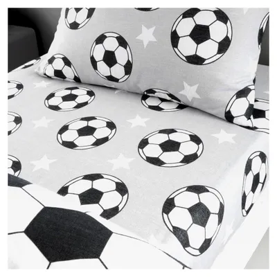 Produktbild von Spannbettlaken für Einzelbett, gebürstete Baumwolle, Motiv: Fußballsterne, Grau
