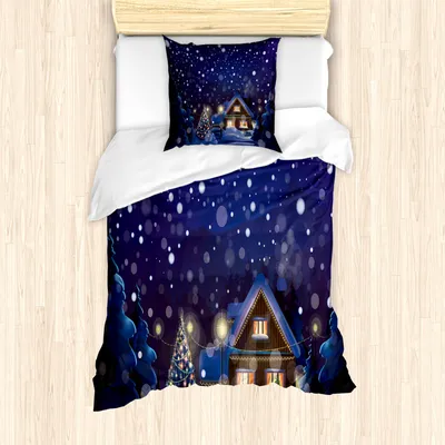 Produktbild von ABAKUHAUS Weihnachten Bettbezug Set für Einzelbetten, Bokeh Schnee Winter, Milbensicher Allergiker geeignet mit Kissenbezug, Marineblau und Mehrfarbig