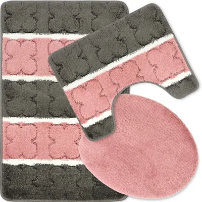 Produktbild von Badteppich Set 3-TLG. Grau-Rosa - rutschfest & Weich, Badematte für Badezimmer Teppich 50x80 cm & 50x40 cm - Ideal für Fußbodenheizung