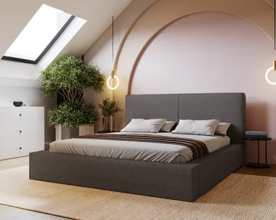 Obrázok produktu pre Čalúnená posteľ 200x200 cm Morin – dvojposteľ s hrubou penovou matracou – rošt, úložný priestor v cene – Bouclé tmavošedá