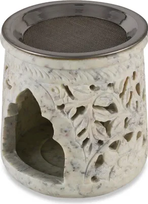 Produktbild von 10x9 cm Speckstein Rauchgefäß beige Ranken Motiv Sieb Ø 9,5cm Weihrauch Stövchen