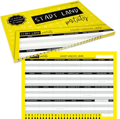 Produktbild von Stadt Land Fluss Positivity 24 Kategorien Familienspiel Quiz Spielblock 50 Blatt
