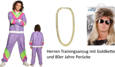 Produktbild von Set Lila Herren 80er Jahre  Trainingsanzug Gr. S - 2XL - Jogginganzug mit Taschen, Goldkette und 80er Perücke XL - 54/56