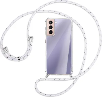 Produktbild von Handykette Backcover-Schutzhülle mit Band (Metall silberfarben) für Samsung Galaxy S21 5G - weiß/grau
