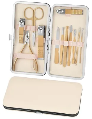 Zdjęcie produktu dla Zestaw do manicure i pedicure, 12 elementów, kolor różowe złoto, etui skórzane, stal nierdzewna, dla kobiet i mężczyzn
