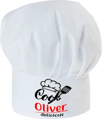 Produktbild von Personalisierte Kochmütze, Weiß, Für Kinder, Jungen und Mädchen, Kochhaube mit Ihrem Wunschtext / Grafik, Küchenchef mit Namen [099]
