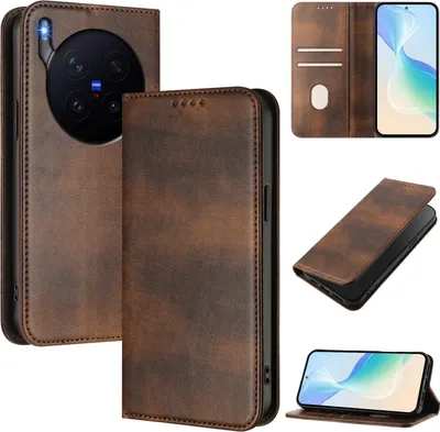 Obrázek produktu pro Pouzdro pro vivo X300 Pro, vintage kožené pouzdro s RFID ochranou, přihrádkami na karty, stojánkem Hnědý