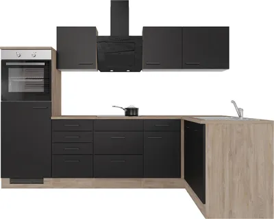 Produktbild von Winkelküche mit E-Geräten & Geschirrspüler - 280 cm breit - Schwarz matt Endgrain Oak – Capri