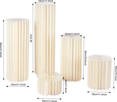 Zdjęcie produktu dla Stojaki na kwiaty do dekoracji weselnych - Cylindryczne kolumny do stołu deserowego - Zestaw 5 składanych kolumn z tektury, rozmiar M - Wysokość 20–100 cm - Biały