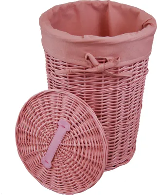 A pink wicker laundry basket with its lid open, shown against a white background.
