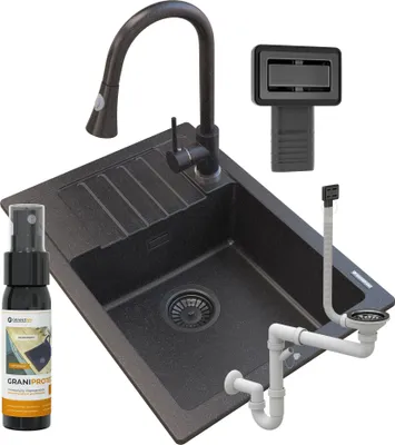 Produktbild von Granitan | Spülbecken Granit - Schwarz - 62x44x17,5 cm - ARGOS + Siphon Schwarz + Küchenarmatur SNAKE + Impregnat