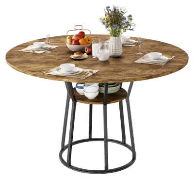 Immagine prodotto di REMZETTA, tavolo rotondo, diametro 120 cm, aspetto legno, tavolo da cucina con ripiano e struttura in metallo nero, adatto per 4-6 persone, design industriale per cucina e sala da pranzo