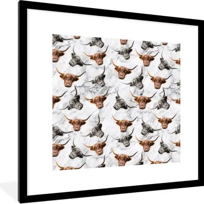 Produktbild von MuchoWow® Gerahmtes Poster Schottischer Highlander - Kuh - Marmor 40x40 cm - Poster mit Schwarzem Bilderrahmen Wandposter Rahmen Foto Bilder - Poster - Plakat im Rahmen