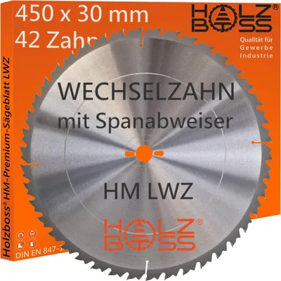 Produktbild von Holzboss ® HM-Sägeblatt 450 x 30 mm LWZ 42 x Zahn mit Spanabweiser und Rückschlagarm Wechselzahn WZ Kreissägeblatt Profisägeblatt 450x30 Längsschnitte